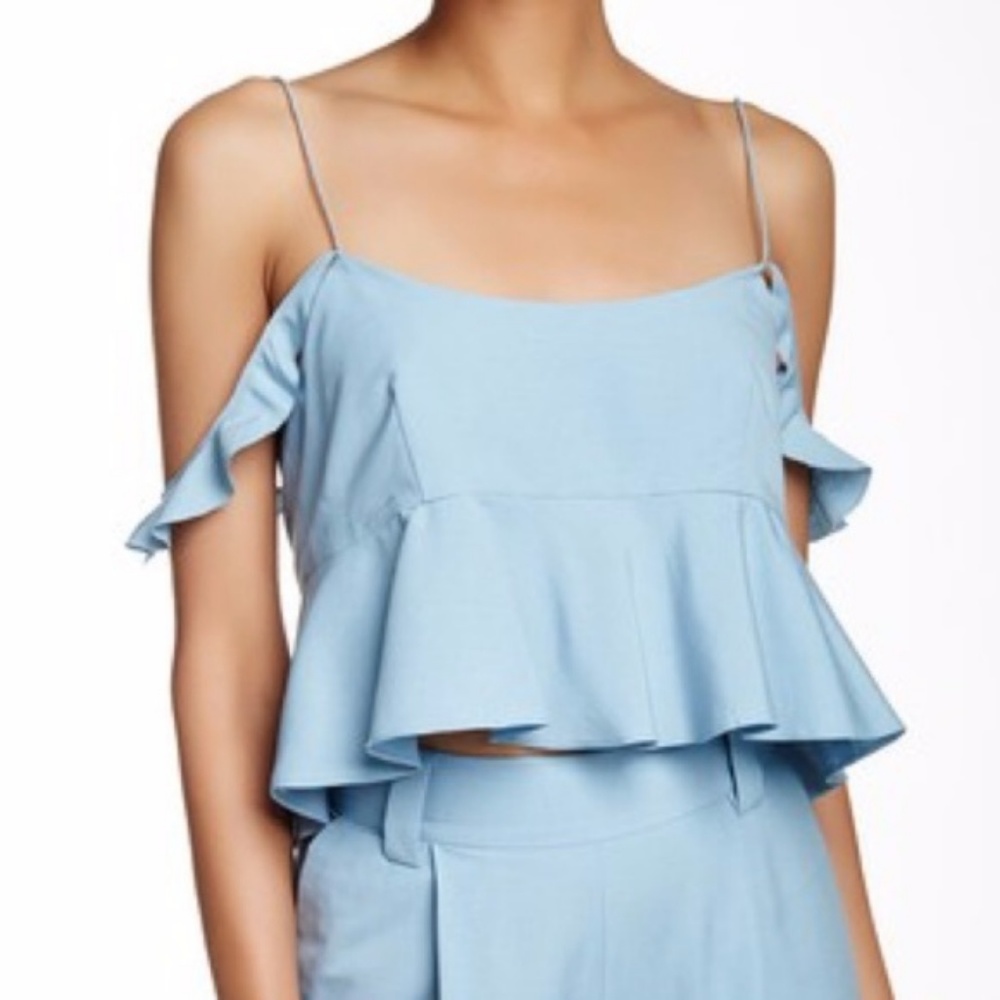 Rachel Zoe Cropped Baby Blue Silk Ruffle Tank